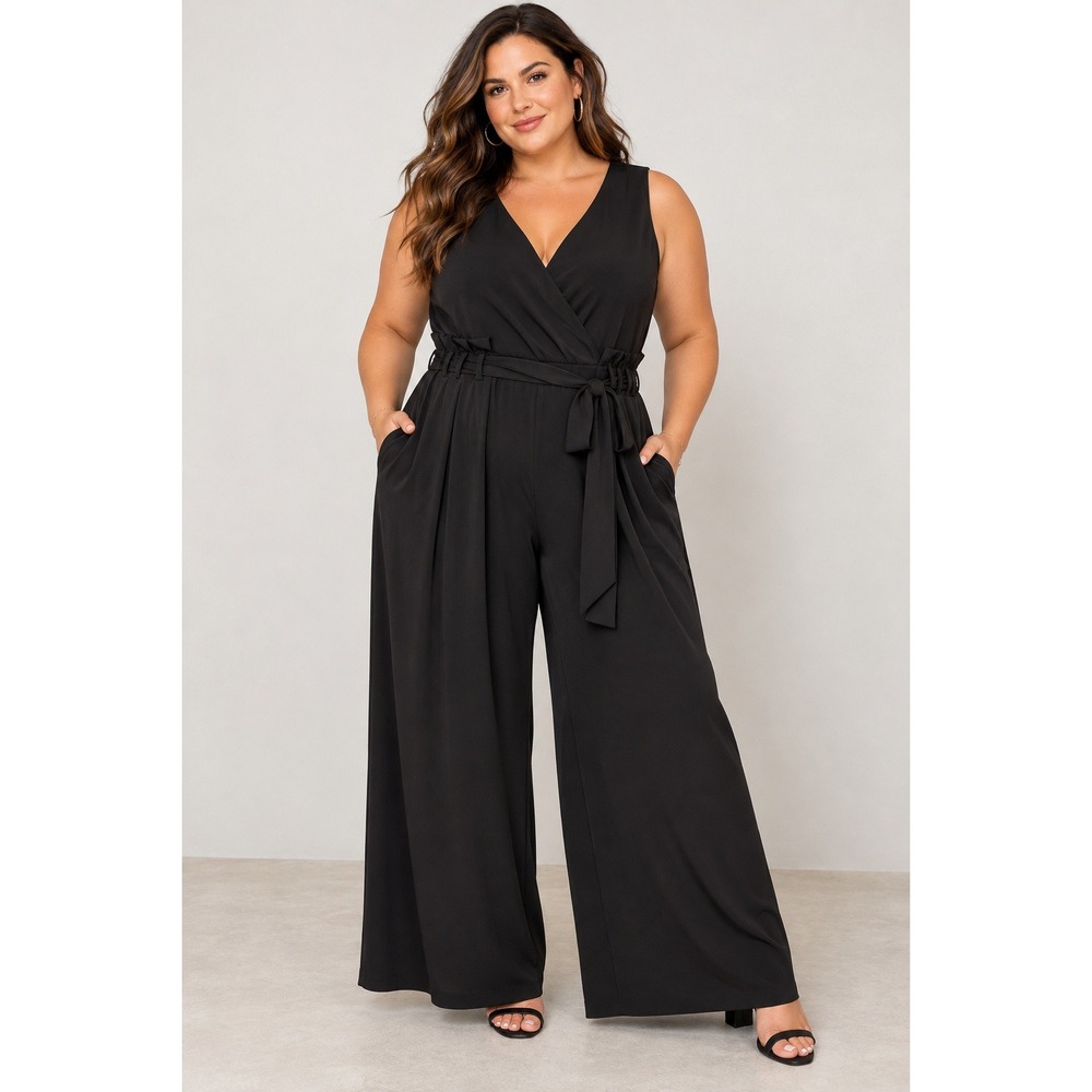 Lane Bryant Black Sleeveless Wrap V-Neck Wide Leg Jumpsuit Size 28 Belted